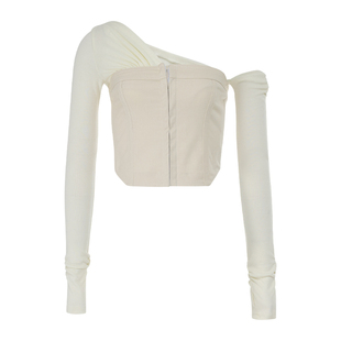 Notyourrose明星同款2025春夏斜领露肩拼接长袖T恤芭蕾风气质上衣