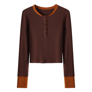 HAMYIHO亨利领拼接撞色长袖T恤女短款修身打底衫春季内搭加绒上衣