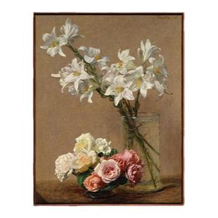 新品 拉图尔《玫瑰和百合》复刻版画客厅餐厅背景装饰画玄关挂画