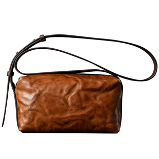 吉卡尼 小众设计复古褶皱真皮单肩斜挎包男通勤随身背包百搭方包