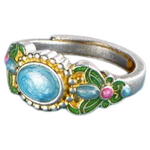 吴越老银铺正品足银9999甘棠戒指珐琅彩戒指女款做旧蓝活口指环