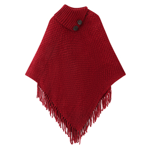 拉夏贝尔/La Chapelle红色流苏套头披肩斗篷女冬新款保暖围巾披风