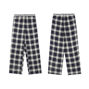 Hollister秋冬款美式复古格子直筒裤女裤高腰百搭松紧腰休闲长裤