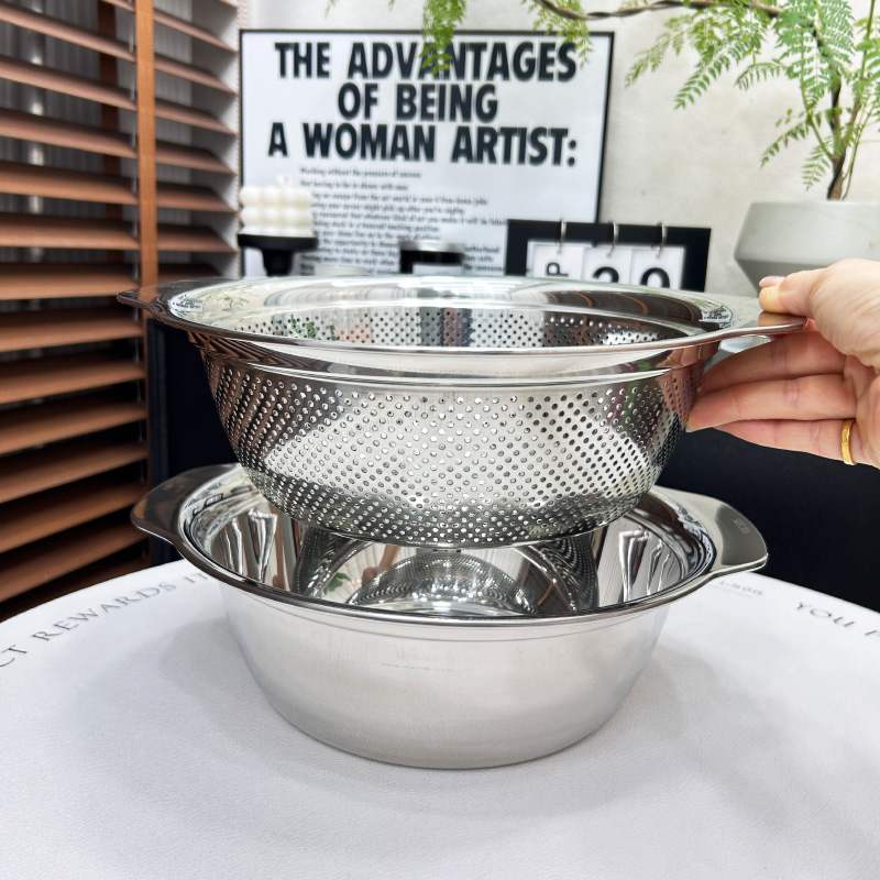 304不锈钢沥水篮套装滤水洗菜盆洗米淘米盆水果篮两件套双耳加厚