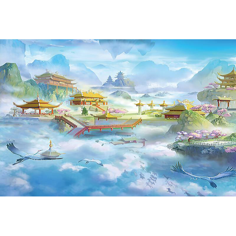 天宫天庭佛堂山水画背景墙仙鹤祥云宫殿空中仙境壁纸仙道佛家壁画