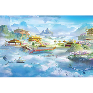 天宫天庭佛堂山水画背景墙仙鹤祥云宫殿空中仙境壁纸仙道佛家壁画