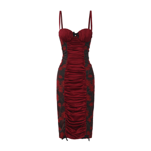 le palais vintage原创 彼岸花血红拼接胸衣式修身显身材连衣裙