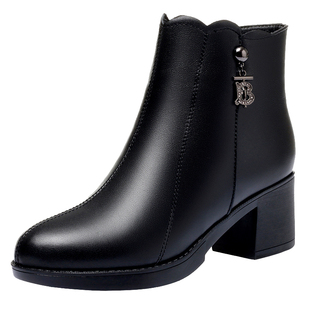 全牛皮靴子女短靴真皮中跟妈妈棉鞋加绒中年女鞋加厚羊毛皮鞋冬鞋