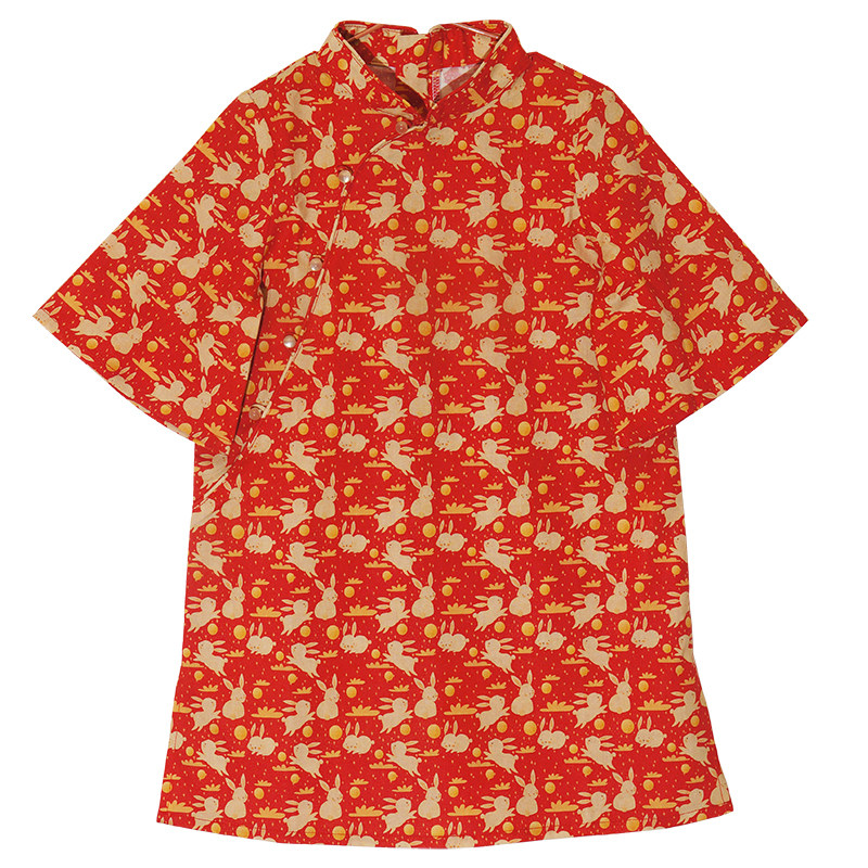 毛小姐春秋玉兔图案旗袍礼服全棉