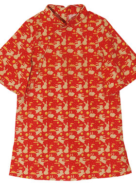 毛小姐春秋玉兔图案旗袍礼服全棉