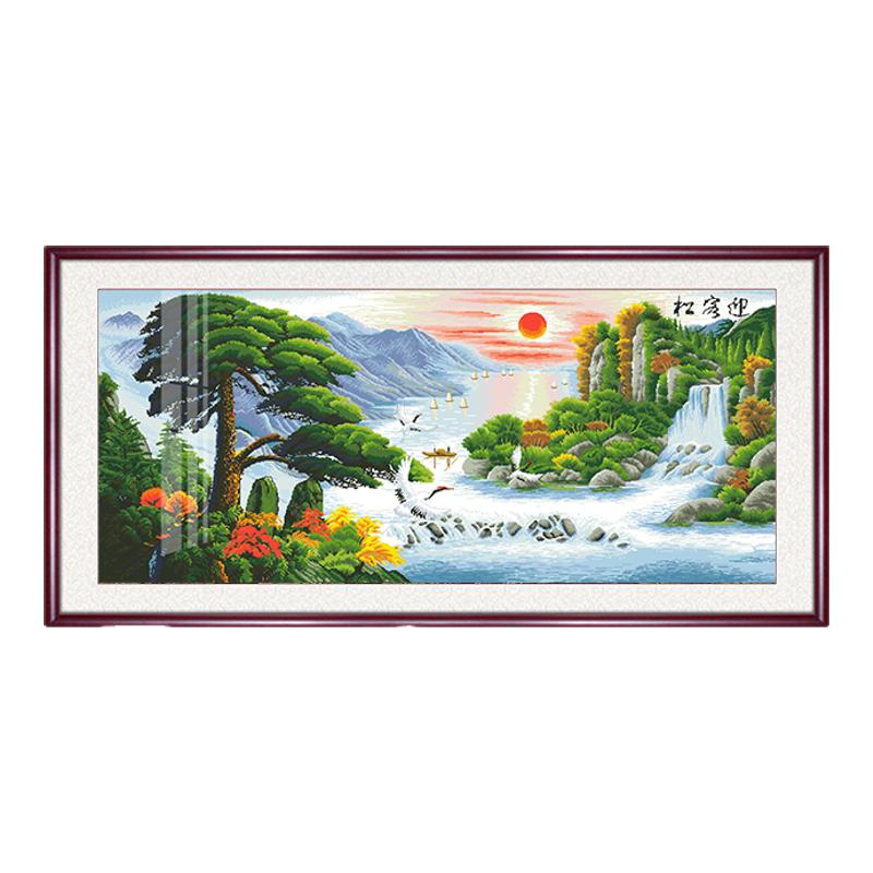迎客松精准风仙鹤财运挂画十字绣