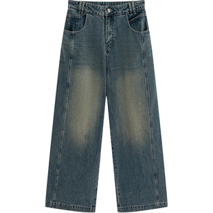 流石男装宽松微喇牛仔裤2025年秋冬季男款直筒复古做旧水洗阔腿裤