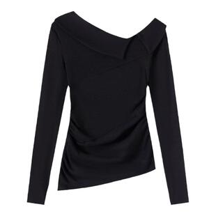 Invertebrate无脊椎羊绒早春性感斜肩一字肩辣妹打底拼接修身上衣