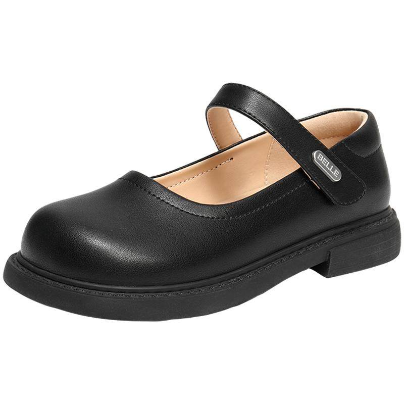 百丽法式玛丽珍鞋女中童鞋2026春季新款魔术贴黑色小皮鞋V6111A86