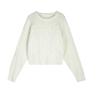 辰米范【现货7折】绞花白色毛衣女套头宽松北极绒加厚针织上衣