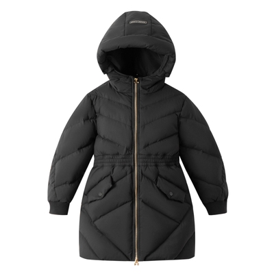 安奈儿童装女童中长款羽绒服冬休闲黑色三防收腰保暖可爱