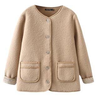 大码外套女胖mm秋冬高级感2024新款时尚蕾丝袖拼接宽松颗粒绒上衣