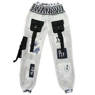 欧美宽松设计感休闲工装裤女网镂空嘻哈jazz跳舞裤子女团演出服装