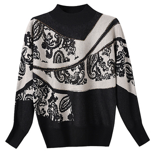 现货 墨白织锦~抗起球外穿针织衫保暖套头提花烫钻宽松百搭毛衣冬