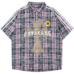 From Mars 心灵感应 欧美格子十字架POLO领休闲夏季宽松短袖衬衫