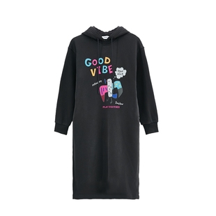 商场同款北欧时刻逗鸭印花连帽卫衣连衣裙女25年秋冬新款直筒裙子