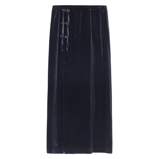 固执2025秋冬新款中式盘扣流苏钉珠A字开叉直筒丝绒长款半身裙