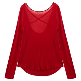 红色上衣长袖露背女夏季宽松高级感外搭旅游度假风罩衫防晒T恤衫