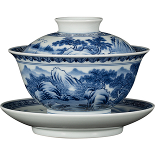 钟家窑景德镇手工茶具三才盖碗茶杯陶瓷手绘柴窑青花山水茶碗单个