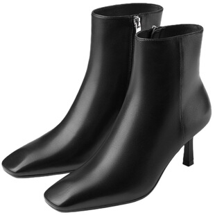 明星同款73hours女鞋柔焦奶咖秋冬季新款细高跟尖头短靴通勤踝靴