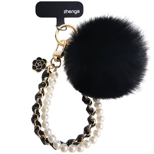 手机挂绳短款手腕时尚小香风珍珠皮卡链手机壳挂件毛球吊坠防丢链