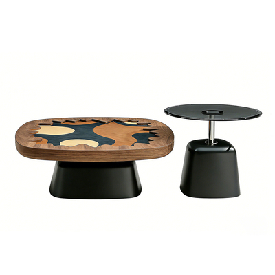 实木拼花钢化玻璃中古风异形茶几