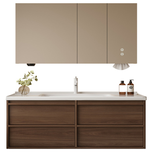 欧派中古风陶瓷一体盆浴室柜组合卫生间胡桃木洗脸盆洗手台卫浴柜