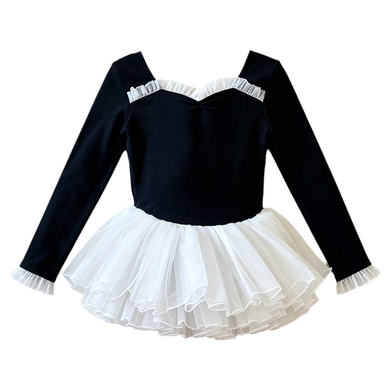 舞蹈服儿童女秋季长袖芭蕾练功体操服女童高级形体黑色新款蓬蓬裙