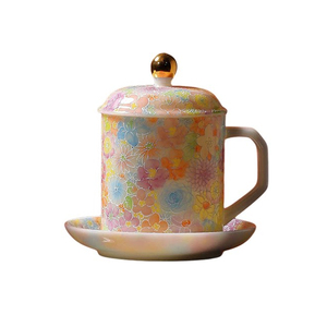 新中式花卉冰种玉瓷带盖茶杯