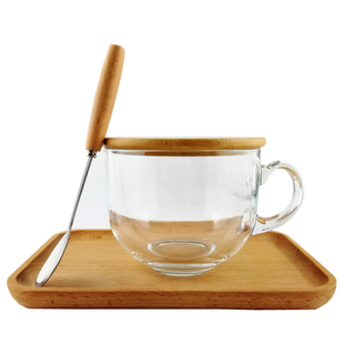 青苹果大容量日式钢化玻璃水杯牛奶早餐杯带盖勺燕麦杯大肚麦片杯