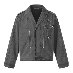 BUGU美式复古十字架牛仔外套女宽松bf风街头潮流夹克青少年