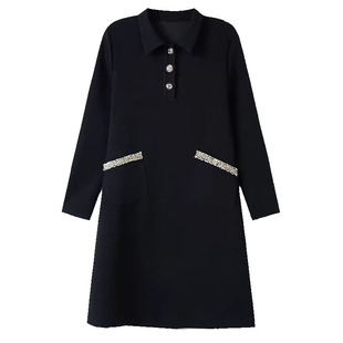 黑色翻领连衣裙女中长款大码显瘦时尚亮丝长袖高端太空棉面料女装