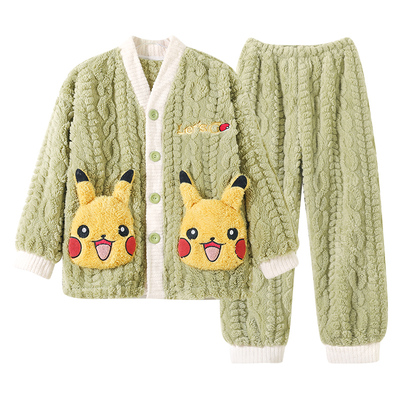 皮卡丘儿童睡衣男童珊瑚绒秋冬男孩保暖厚大童亲子法兰家居服套装