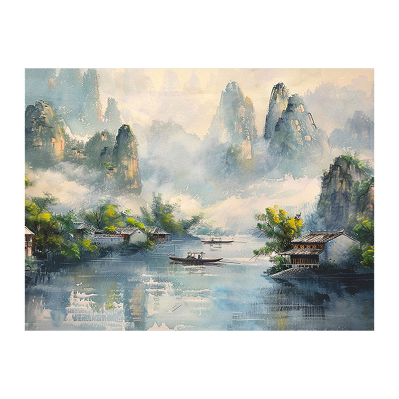 新中式山水风景数字油画diy手绘画画填色高级感丙烯油彩涂色填充