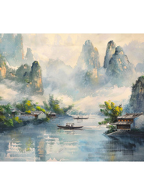 新中式山水风景数字油画diy手绘画画填色高级感丙烯油彩涂色填充