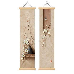 新中式玄关装饰画竖版走廊过道长条挂画高级感禅意茶室背景墙壁画