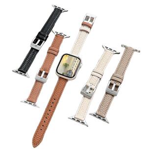 适用applewatch9真皮表带简约荔枝纹小蛮腰苹果手表S11质感皮撞色皮表带iwatchs10/8/7/6/5/SE小众柔软腕带女