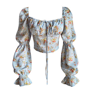 chenopod巨好穿春夏复古法式碎花方领泡泡袖露腰性感度假衬衫小衫