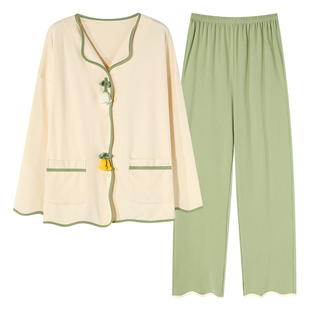 北极绒春秋季女士纯棉长袖宽松大码开衫全棉高级感睡衣家居服套装