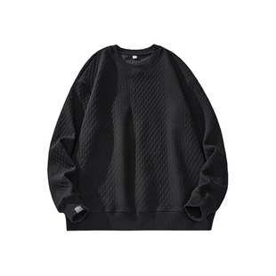 美式重磅肌理感提花圆领加绒卫衣男秋冬季宽松大码长袖打底衫上衣