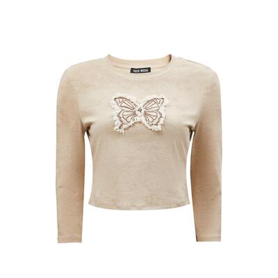 tq区绫致Vero ModaT恤女秋冬毛边蝴蝶图案装饰七分袖短款T恤潮