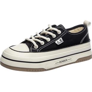 人本厚底帆布鞋女款2025新款春季黑色板鞋软底不累脚内增高布鞋女