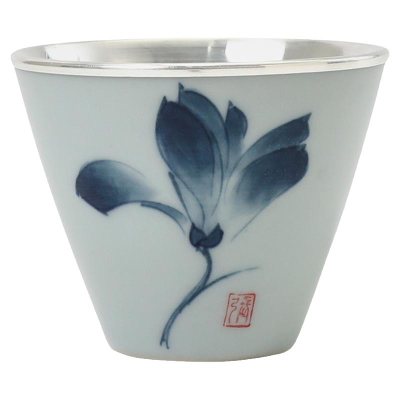 纯银纯手工包银杯茶杯玉兰花杯