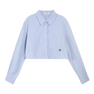 pusumede 时髦玩家 蓝色条纹衬衫女刺绣叠穿衬衣休闲短款气质上衣