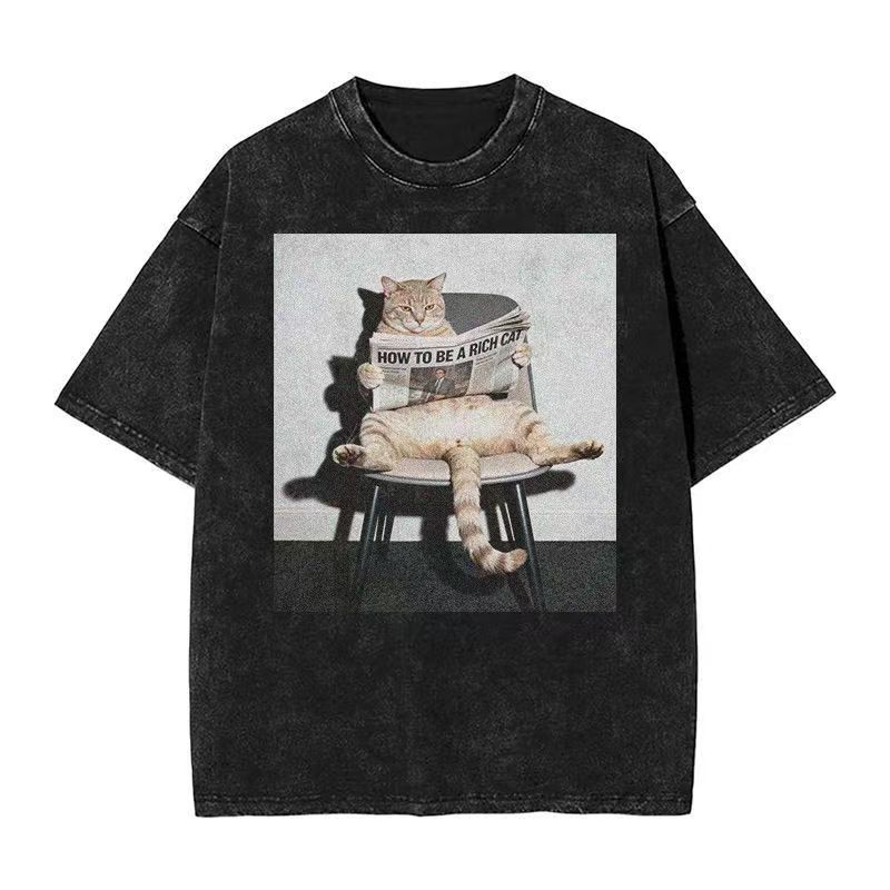 复古T恤水洗黑猫咪宽松男女同款潮流古惑仔美式短袖纯棉印花重磅